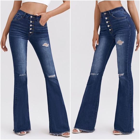 Denim - high waist distressed bell bottom denim jeans